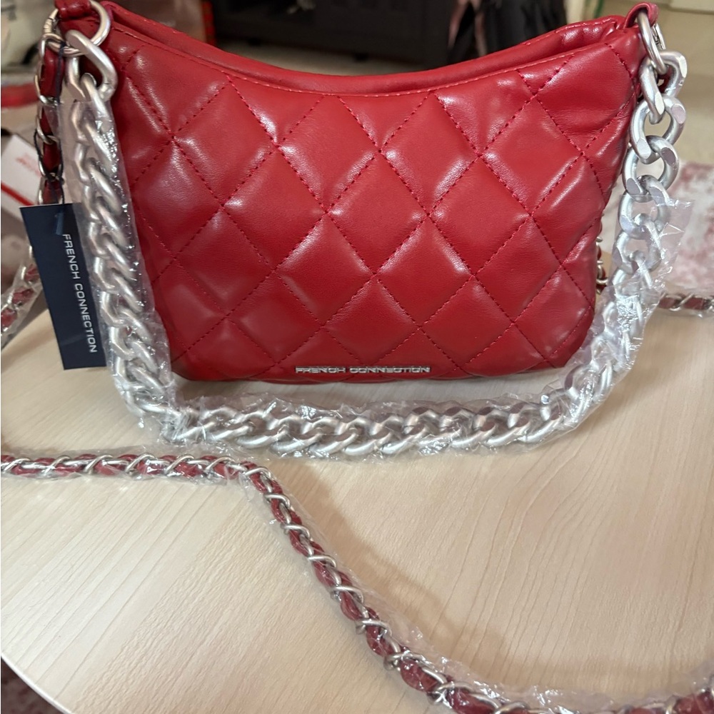 French Connection Quilted Red Shoulder Bag with Silver Chain